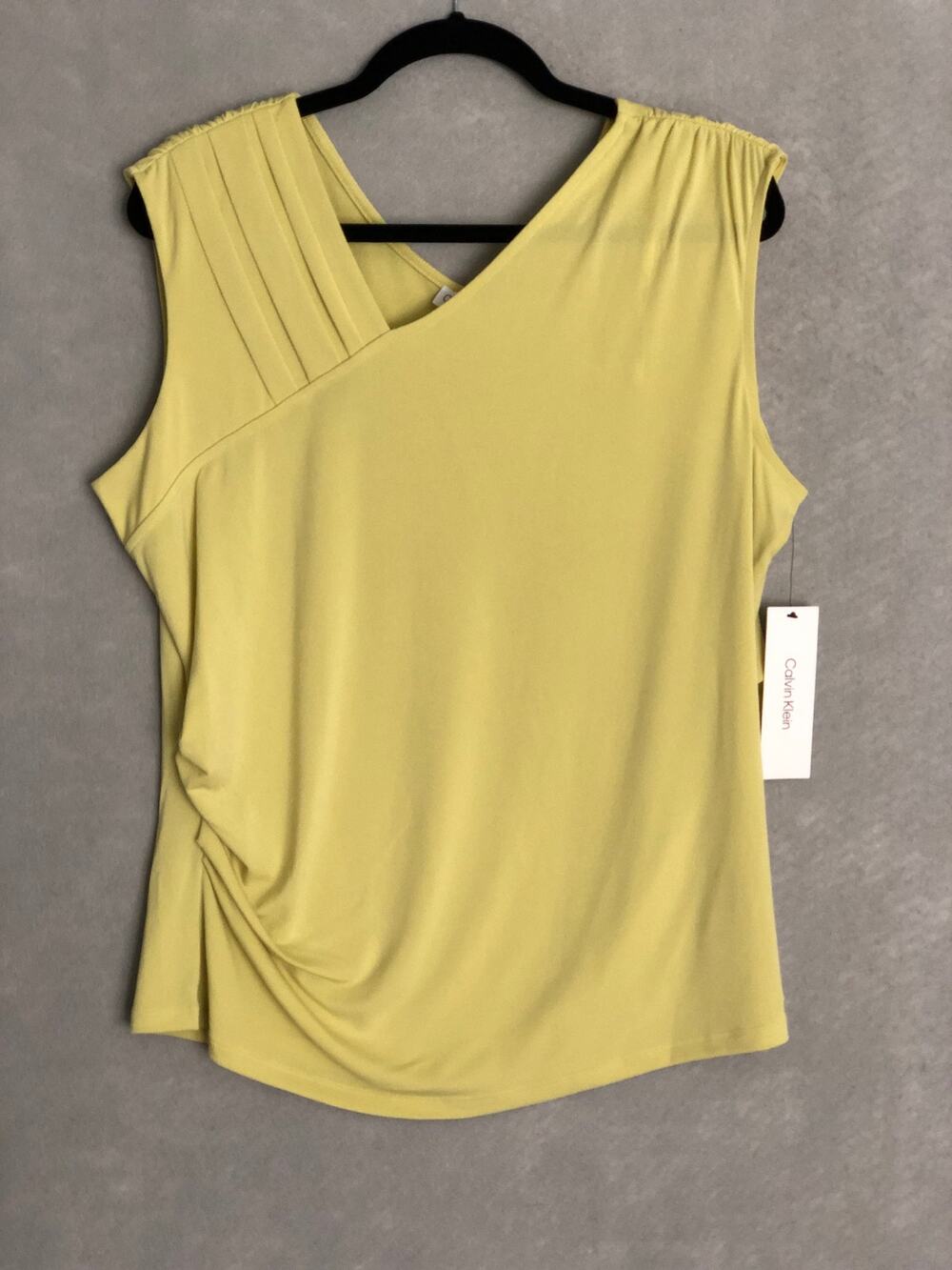 Calvin Klein Asymmetric Neckline Top Sleeveless Pleated Yellow Women's XL NEW